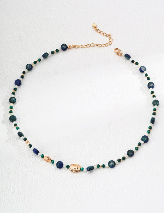 S925 Vintage Necklace with Natural Malachite, Lapis Lazuli, and Mother-of-pearl Beads