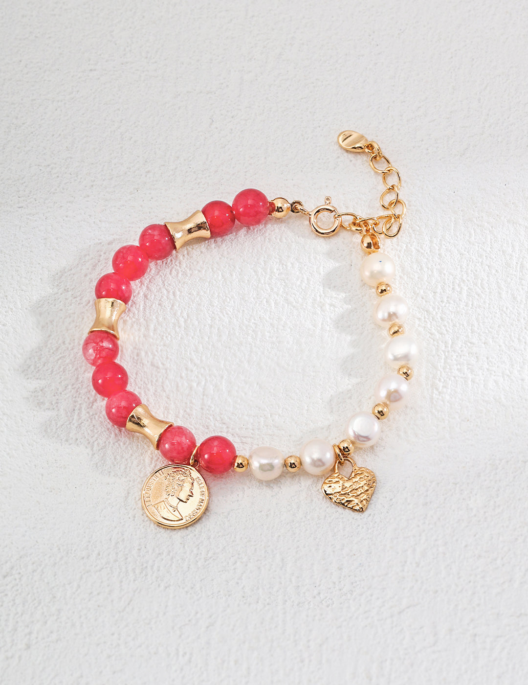 S925 Elegant Gold &Red Bracelet with Natural Pearl and Rhodochrosite