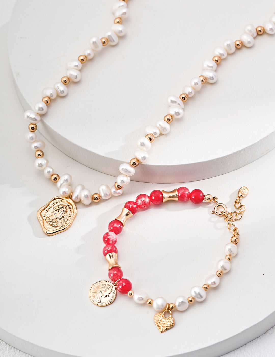 S925 Elegant Gold &Red Bracelet with Natural Pearl and Rhodochrosite