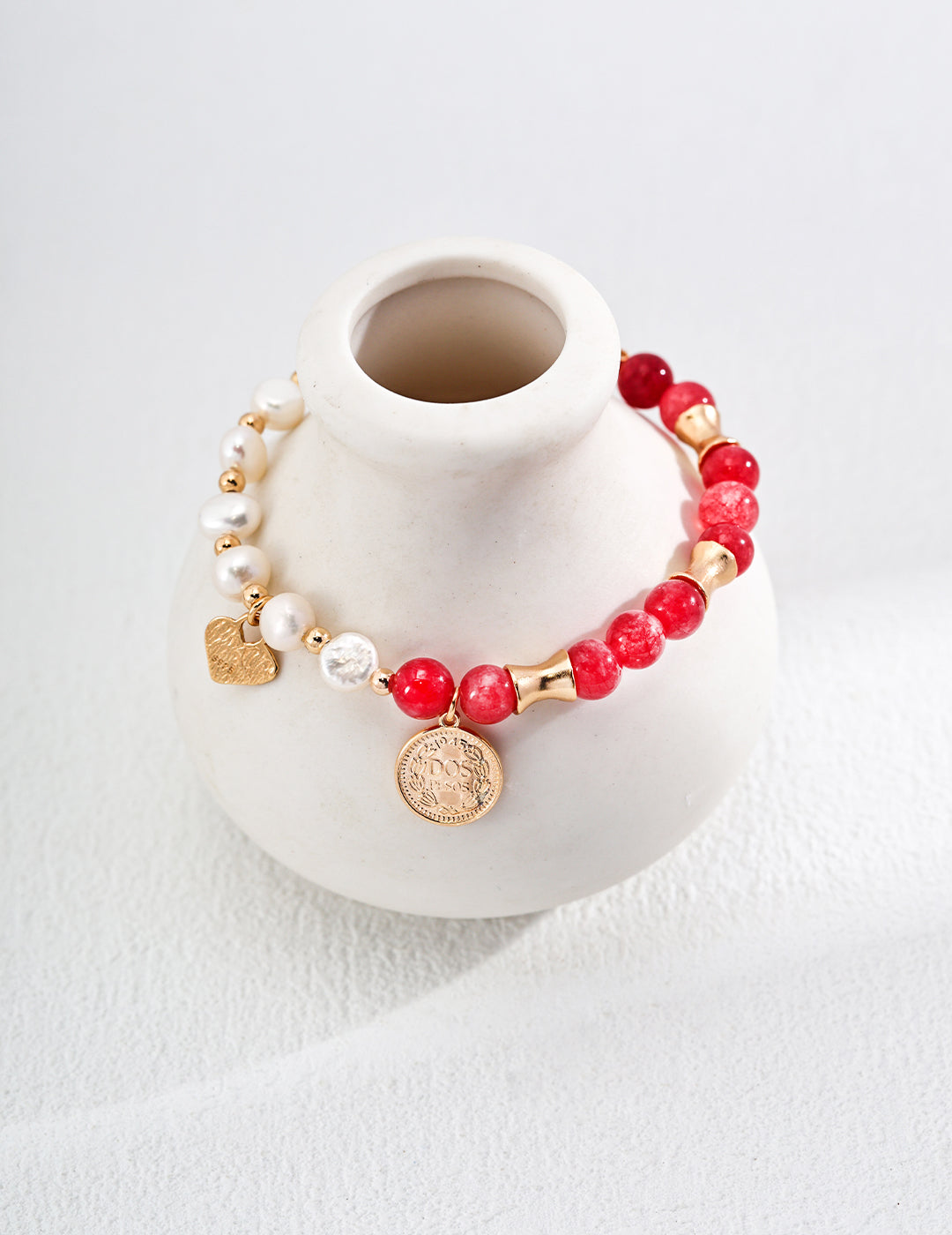 S925 Elegant Gold &Red Bracelet with Natural Pearl and Rhodochrosite