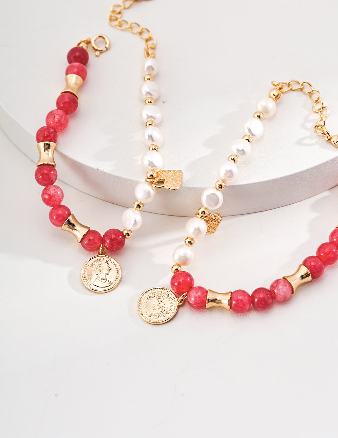 S925 Elegant Gold &Red Bracelet with Natural Pearl and Rhodochrosite